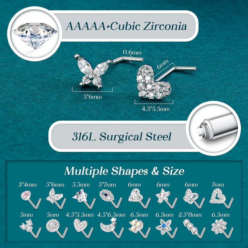 Yadoca Gold Nose Rings Studs for Women - 20G Surgical Steel Nose Ring L Shaped Nose Piercing Jewelry Hypoallergenic CZ Heart Nose Studs Silver Rose Gold 16Pcs - Image 4